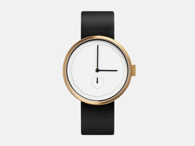 Classic Neu — Gold Armbanduhr von AÃRK mit 38mm Edelstahlgehäuse, minimalistischem Dodekagon-Zifferblatt und Lederarmband in mattem Goldton.