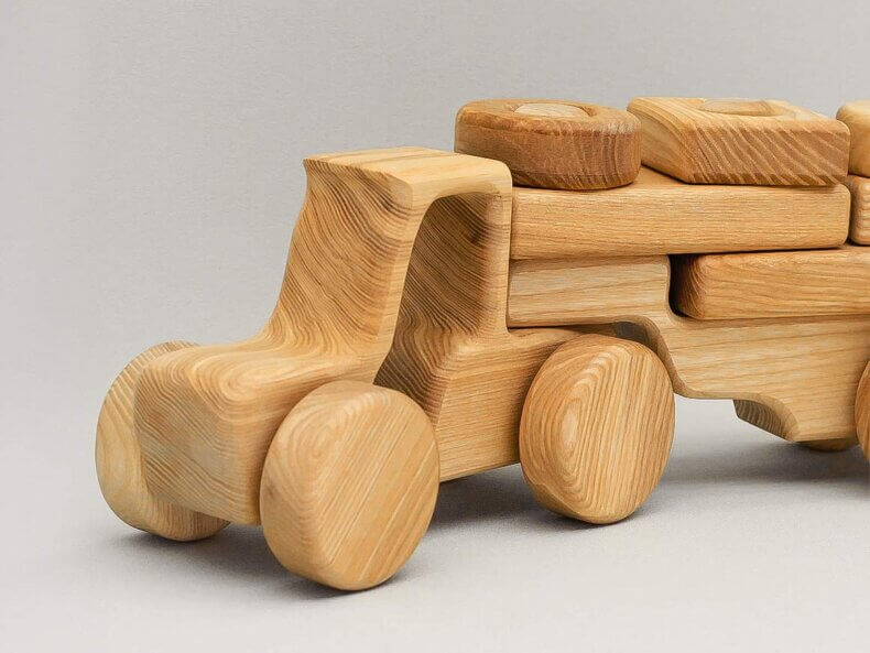 Holz-Baufahrzeug mit Anhänger, Lotes Toys – Bild 2