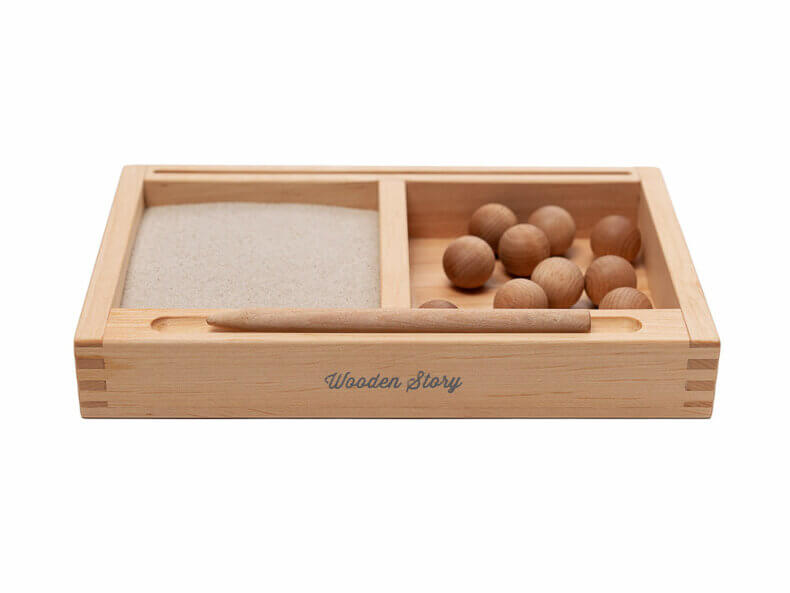 Montessori-Holztablett-Sand-Holzkugeln-WOODEN-STORY