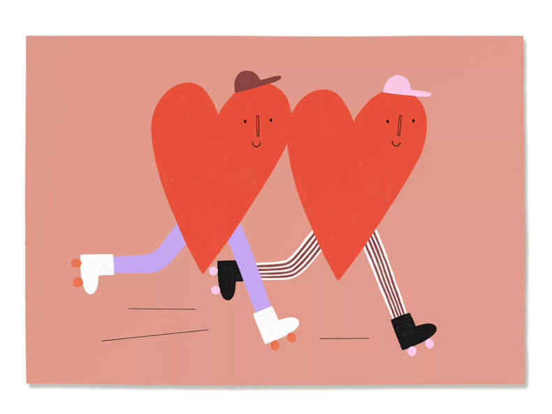 Liebevoll illustrierte Postkarte mit zwei Herzen auf Rollschuhen – Valentinstagskarte von nuukk.