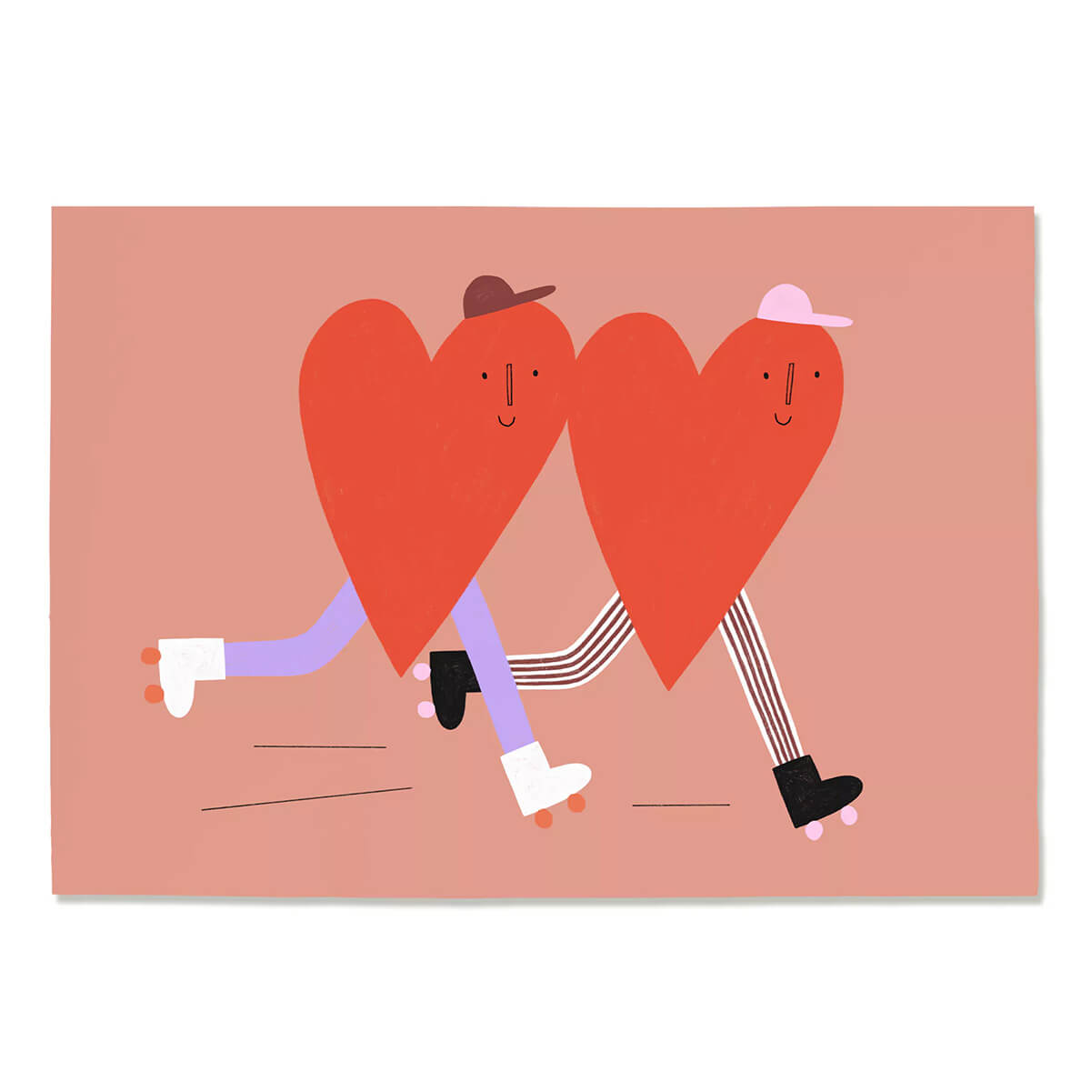 Liebevoll illustrierte Postkarte mit zwei Herzen auf Rollschuhen – Valentinstagskarte von nuukk.