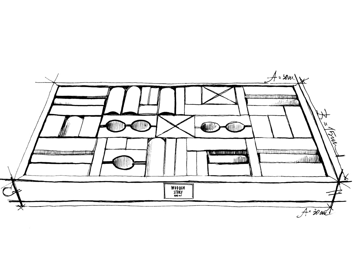 WOODEN STORY Natural Blocks in tray 54 pcs Drawing