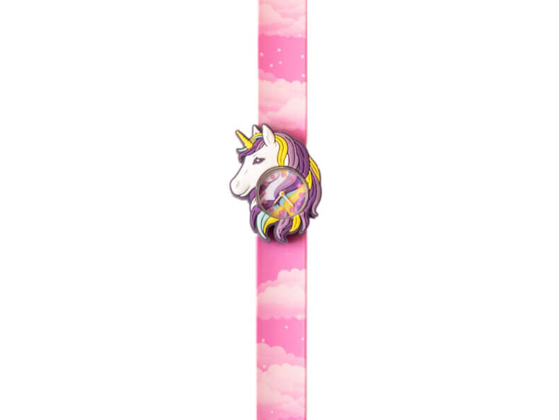 Slap Watch Kinderuhr Einhorn von Mava Design bei Filipok mit rosa Silikonarmband und analogem Zifferblatt für Kinder ab 3 Jahren.