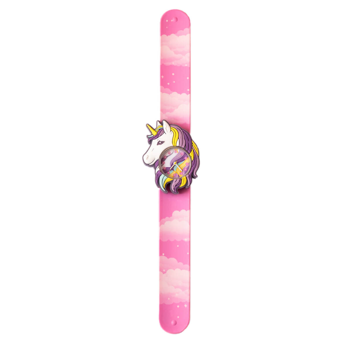 Slap Watch Kinderuhr Einhorn von Mava Design bei Filipok mit rosa Silikonarmband und analogem Zifferblatt für Kinder ab 3 Jahren.