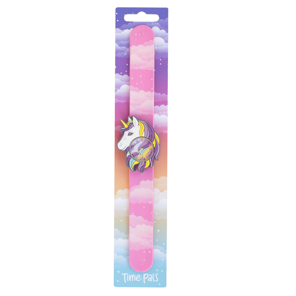 Slap Watch Kinderuhr Einhorn von Mava Design in der Originalverpackung mit rosa Silikonarmband und analogem Zifferblatt.