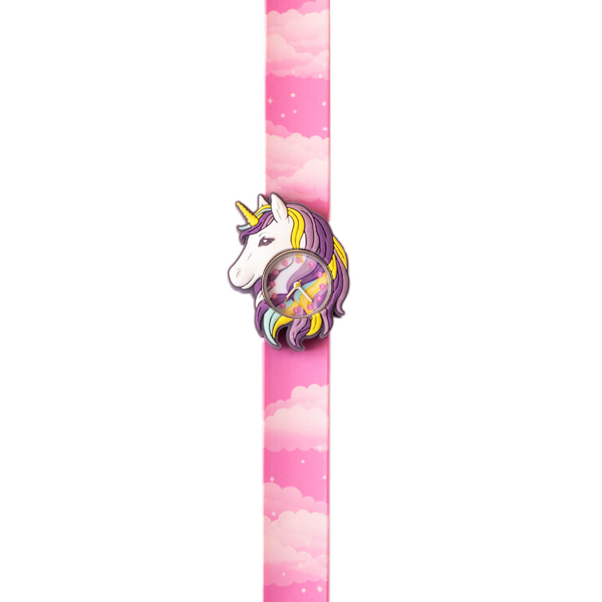 Slap Watch Kinderuhr von Mava Design mit Einhorn-Motiv, rosa Silikonarmband und analogem Zifferblatt für Kinder ab 3 Jahren.