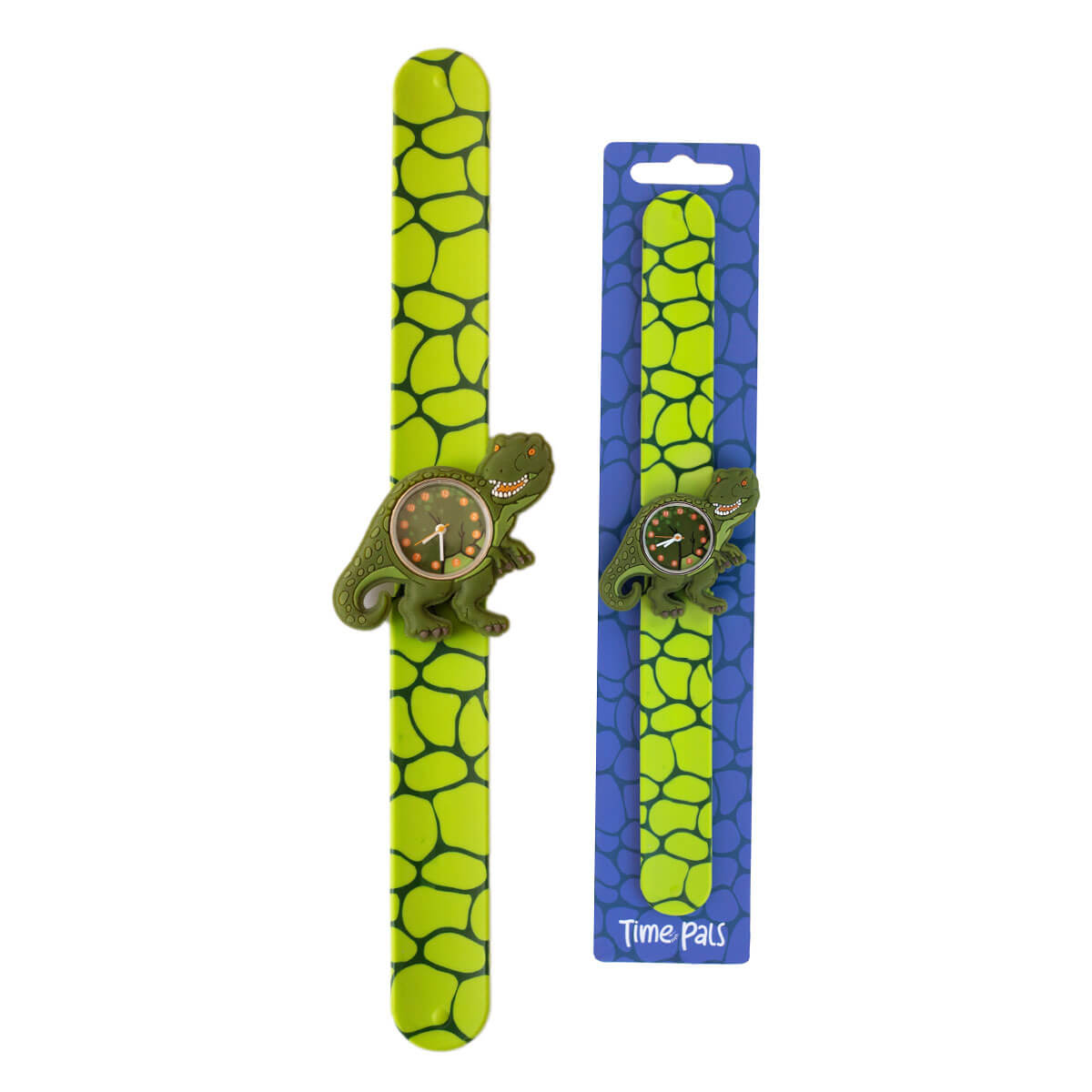 Mava Design Slap Watch Kinderuhr mit T-Rex-Motiv, grünem Silikonarmband und analogem Zifferblatt für Kinder.