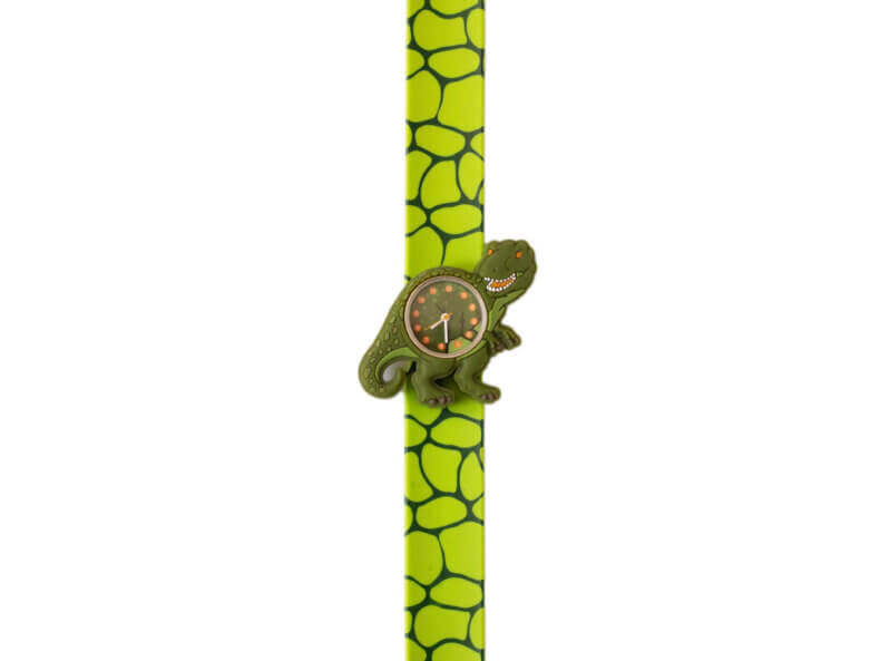 Slap Watch Kinderuhr von Mava Design mit T-Rex-Motiv, grünem Silikonarmband und analogem Zifferblatt.