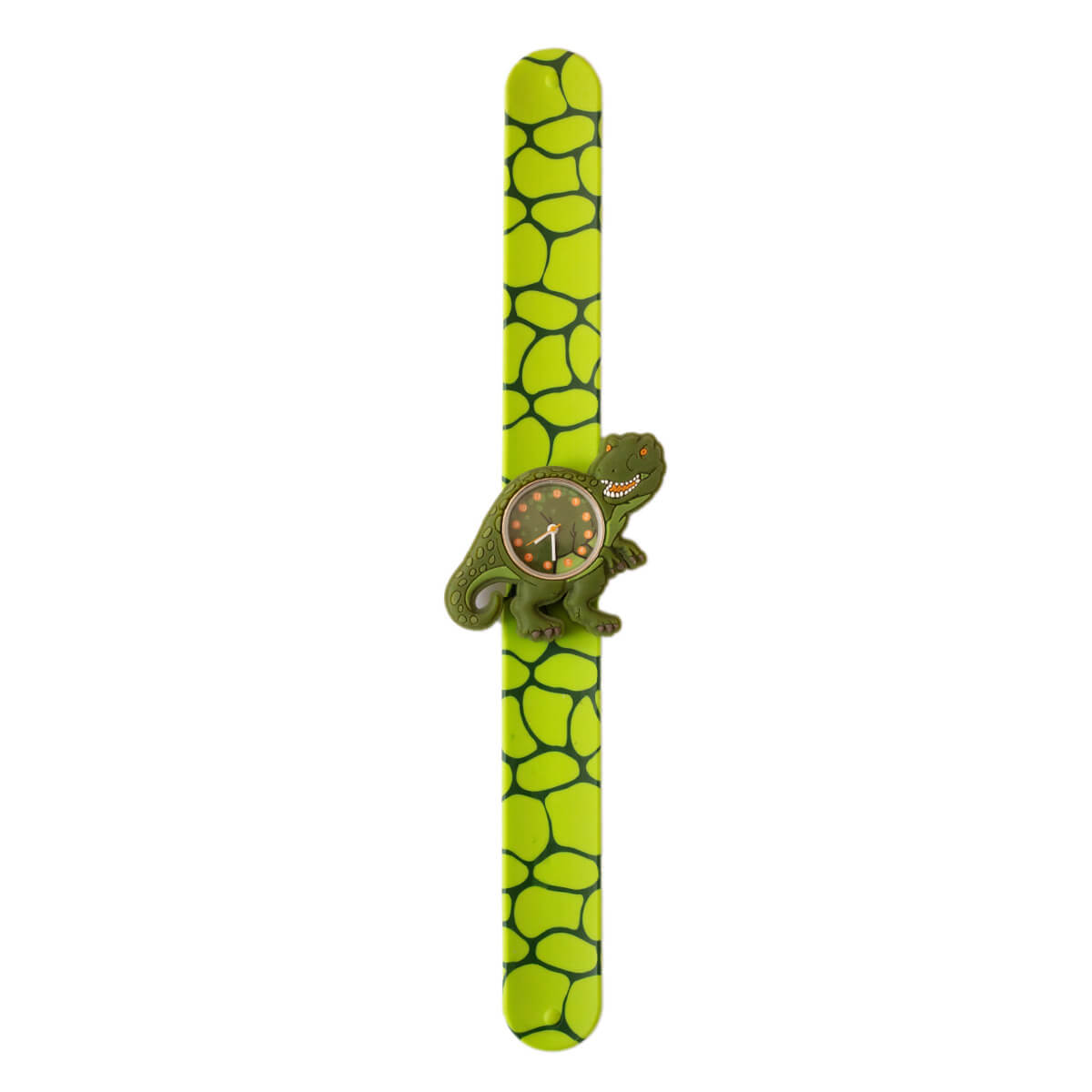 Slap Watch Kinderuhr von Mava Design mit T-Rex-Motiv, grünem Silikonarmband und analogem Zifferblatt.