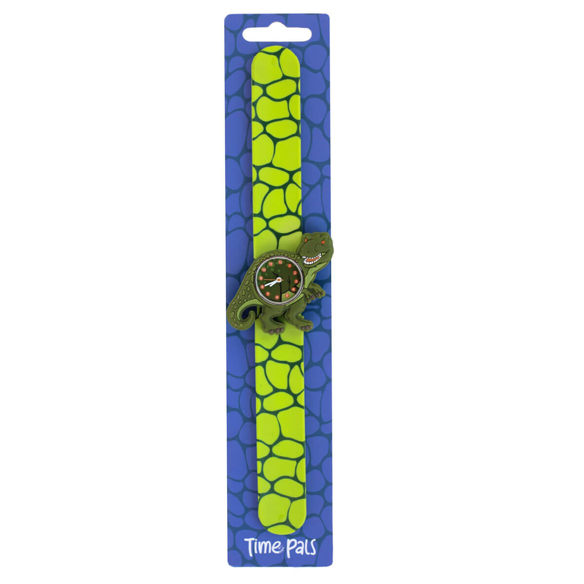 Slap Watch Kinderuhr T-Rex von Mava Design in der Originalverpackung mit grünem Silikonarmband und analogem Zifferblatt.
