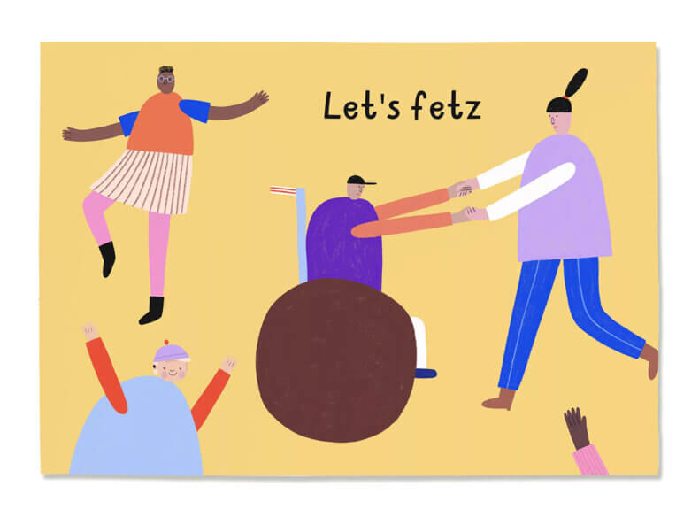 Liebevoll illustrierte Postkarte „Let's fetz“ mit tanzenden Menschen, darunter eine Person im Rollstuhl – fröhliche Glückwunschkarte zum Geburtstag und für besondere Anlässe.
